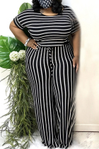 Black Fashion Casual O Neck Short Sleeve Regular Sleeve Striped Plus Size Jumpsuits