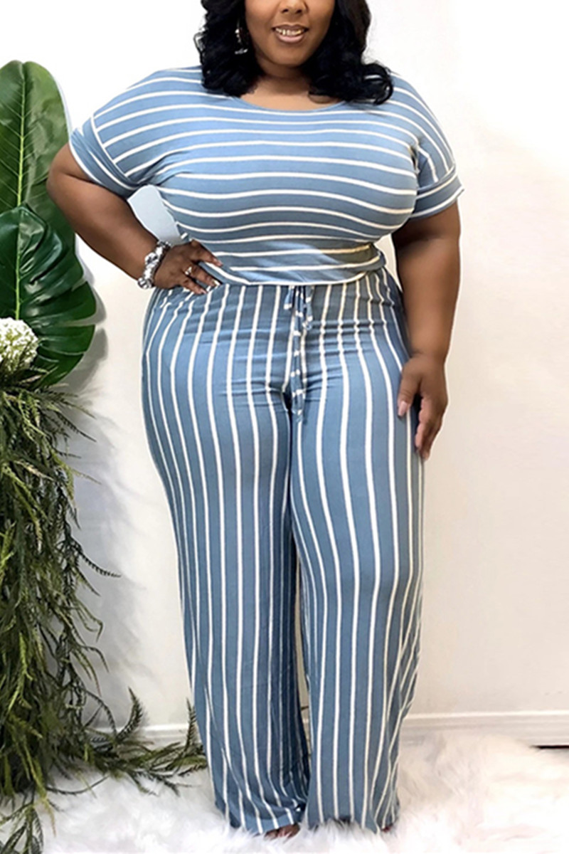 

Light Blue Sexy O Neck Striped Print Stripe Plus Size