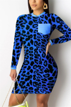 Blue Fashion Regular Sleeve Long Sleeve O Neck Mini Print Leopard Dresses