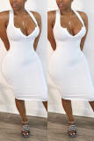 White Fashion Sexy White Blue Wine Red Off The Shoulder Sleeveless V Neck Pencil Dress Mid-Calf Solid Dresses