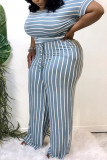 Grey Sexy O Neck Striped Print Stripe Plus Size