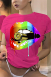 Pink Women Graphic Rainbow Color Lips Print Short Sleeve T-shirts Tees