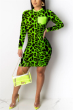 Green Casual Long Sleeves Step Skirt Mini Print Leopard Dresses