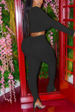 Black Fashion Sexy Long Sleeve One Shoulder Off The Shoulder Short Solid Two Pieces