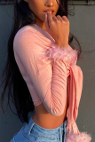 Pink Fashion Sexy V Neck Long Sleeve Regular Sleeve Short Patchwork Tops
