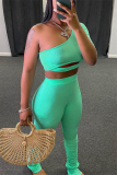 Light Green Fashion Sexy adult Ma'am Solid Two Piece Suits pencil Three Quarter Two Pieces