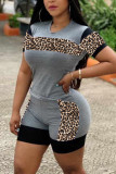 Blue Casual Leopard Patchwork Straight Short Sleeve Two Pieces
