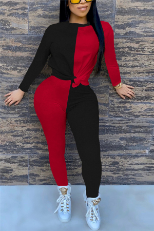 Black Fashion Sexy adult Ma'am Patchwork contrast color Two Piece Suits pencil Long Sleeve Two Pieces
