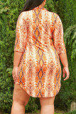 Orange Fashion Casual Turndown Collar Half Sleeve Regular Sleeve Print Shirt Dress Plus Size