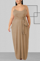 Khaki Fashion Sexy adult Slip Patchwork Solid Bandage Stitching Plus Size