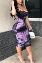 The ink purple Lightly cooked The ink purple Spaghetti Strap Sleeveless Slip pleated Mid-Calf Print Draped Tie and dye Dresses