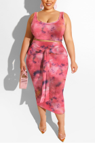 watermelon red Sexy Slip Print Belt Tie Dye Plus Size