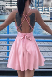 Pink Fashion Sexy Spaghetti Strap Sleeveless V Neck Sling Dress Knee Length Solid Dresses