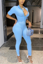 Light Blue Fashion Sexy Solid zipper Short Sleeve O Neck Jumpsuits