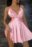Pink Fashion Sexy Spaghetti Strap Sleeveless V Neck Sling Dress Knee Length Solid Dresses