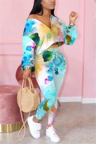 multicolor Fashion adult Ma'am OL Print Two Piece Suits pencil Long Sleeve Two Pieces