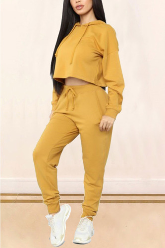 Gold Fashion Casual Sportswear Long Sleeve Hooded Collar Regular Sleeve Regular Solid Two Pieces