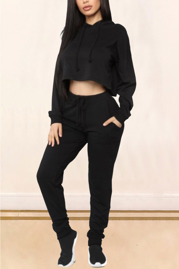 Black Fashion Casual Sportswear Long Sleeve Hooded Collar Regular Sleeve Regular Solid Two Pieces