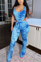 Blue Blends Casual Print Tie Dye Boot Cut Sleeveless Two Pieces
