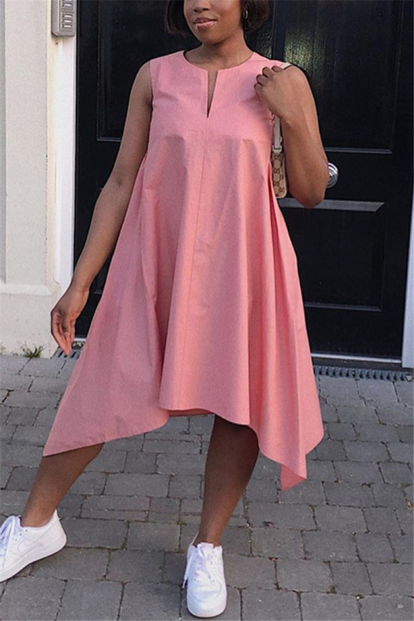 Pink Casual Sleeveless V Neck Asymmetrical Mid-Calf Patchwork Solid asymmetrical Dresses