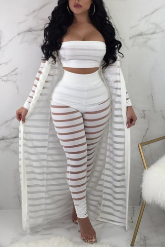 White Fashion Sexy Long Sleeve Strapless Regular Sleeve Regular Solid Three-piece Set