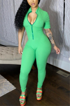 Green Fashion Sexy Solid zipper Short Sleeve O Neck Jumpsuits