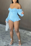 Blue Light Patchwork Mesh Ruffled Solid Long Sleeve one word collar Rompers