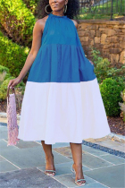 White Casual Sleeveless Halter Neck A-Line Knee-Length Patchwork Solid chain Dresses