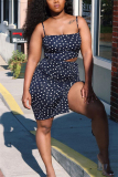 Maroon Blends Sexy Dot Print tassel Split asymmetrical Hip skirt Sleeveless Two Pieces