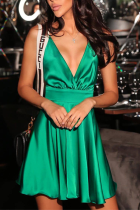 Green Fashion Sexy Spaghetti Strap Sleeveless V Neck Sling Dress Knee Length Solid Dresses