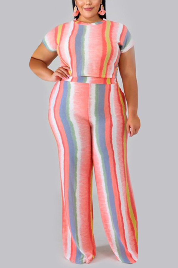 Pink Sexy O Neck Print Striped Two Piece Suits Stripe