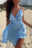 Light Blue Fashion Sexy Spaghetti Strap Sleeveless V Neck Sling Dress Knee Length Solid Dresses