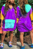 Sky blue yellow light purple OL hooded Patchwork Solid Stitching Plus Size