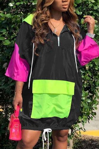 Black OL hooded Patchwork Solid Stitching Plus Size