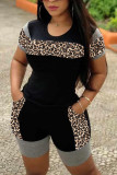 Yellow Casual Leopard Patchwork Straight Short Sleeve Two Pieces