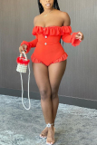 Orange Light Patchwork Mesh Ruffled Solid Long Sleeve one word collar Rompers