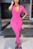 rose red Fashion Sexy Solid zipper Short Sleeve O Neck Jumpsuits
