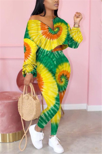 Yellow Fashion adult Ma'am OL Print Two Piece Suits pencil Long Sleeve Two Pieces