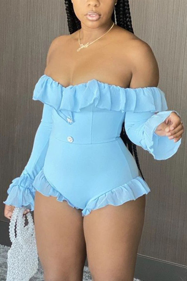 Blue Light Patchwork Mesh Ruffled Solid Long Sleeve one word collar Rompers