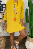 Yellow Fashion Casual Regular Sleeve Long Sleeve V Neck Long Sleeve Dress Knee Length Solid Dresses
