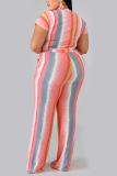 Pink Sexy O Neck Print Striped Two Piece Suits Stripe