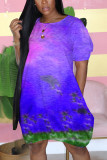 purple Street Cap Sleeve Short Sleeves O neck Lantern skirt Knee-Length Print Tie and dye Dresses