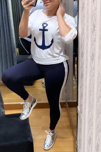 Dark Blue Casual Print pencil Long Sleeve Two Pieces