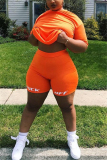 Orange Fashion Sexy adult Ma'am O Neck Print Two Piece Suits Plus Size