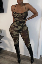 Camouflage Sexy Sleeveless Spaghetti Strap Off The Shoulder Regular Print Two Pieces