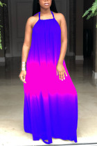 Blue Pink Fashion Casual Off The Shoulder Sleeveless Spaghetti Strap Printed Dress Floor Length Gradual Change Print Dresses