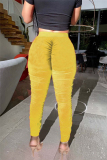 Yellow Elastic Fly High Solid Draped pencil Pants Bottoms