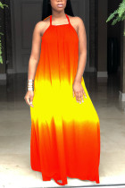 Yellow Red Fashion Casual Off The Shoulder Sleeveless Spaghetti Strap Printed Dress Floor Length Gradual Change Print Dresses