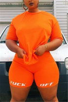 Orange Fashion Casual O Neck Short Sleeve Regular Sleeve Letter Print Plus Size Set