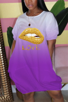 purple Cute Bubble sleeves Short Sleeves O neck Straight Mini Print lip Dresses